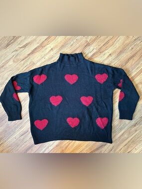 SHEIN Black Turtleneck Sweater with Red Heart Accents